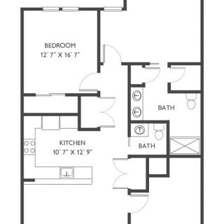 A floor plan of an apartment featuring one bedroom, two bathrooms, and a kitchen area.