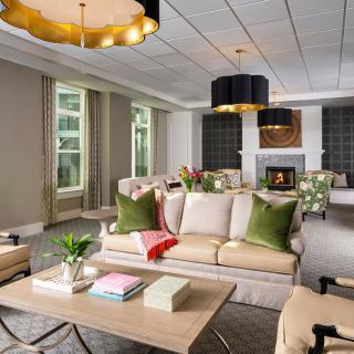A modern and luxurious living room with elegant furnishings, featuring a cozy seating area, decorative cushions, and stylish lighting fixtures.