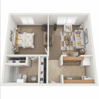 A 3D floor plan of a one-bedroom apartment featuring a living area, kitchen, and bathroom.