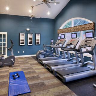 A modern gym with treadmills, exercise bikes, and a yoga mat.