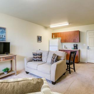 A cozy living room with a sofa, television, and a small kitchen area in an open layout.