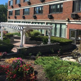 A well-maintained garden area with a pergola in front of a brick building.