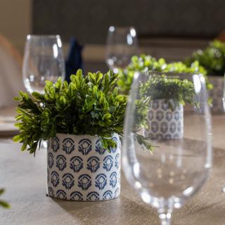 A well-decorated table with wine glasses and a potted plant centerpiece.