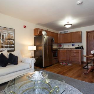 A cozy apartment interior featuring a living room with a sofa, coffee table, and adjoining kitchen area.
