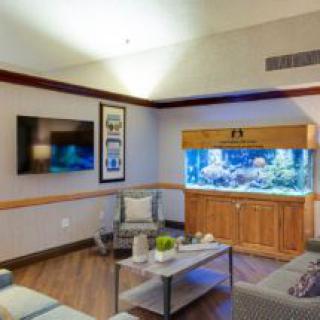 A cozy living room featuring a large aquarium and comfortable seating.