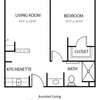 Floor plan of an assisted living apartment featuring a living room, bedroom, kitchenette, bath, and closet.
