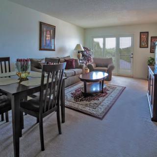 A cozy living room with a sofa, coffee table, and a dining area.