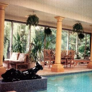 A luxurious indoor pool area featuring large windows, lush plants, and elegant columns.