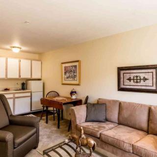 A cozy living room with a kitchenette, featuring a sofa, armchair, and decorative artwork.