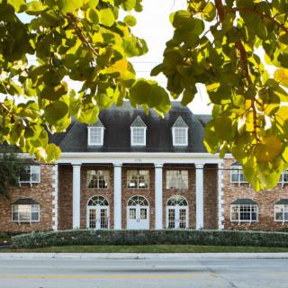 A symmetrical brick building with white columns, framed by green leaves.