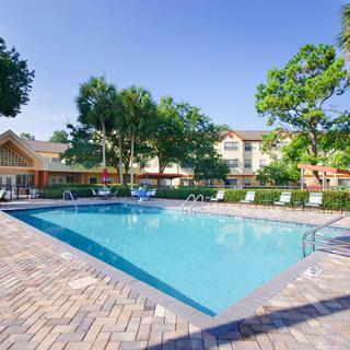A sunny day at a residential outdoor swimming pool surrounded by trees and buildings.