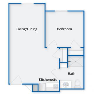 Floor plan of a one-bedroom apartment with living/dining area, kitchenette, and bath.