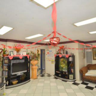 A decorated living room with red ribbons hanging from the ceiling, featuring a television, sofa, and plants.