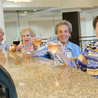 A group of seniors enjoying drinks together at a bar, toasting with smiles.
