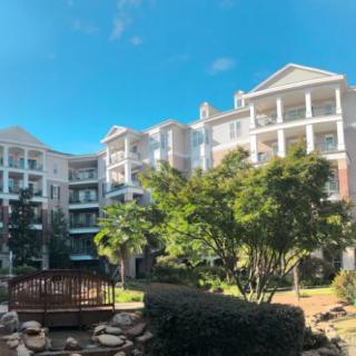 A scenic view of modern apartment buildings surrounded by trees under a clear blue sky.