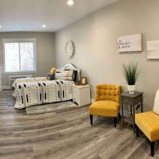 A modern and minimalist bedroom featuring yellow accent chairs and stylish decor.