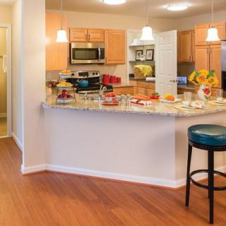 Modern kitchen with a bar counter and wooden flooring.