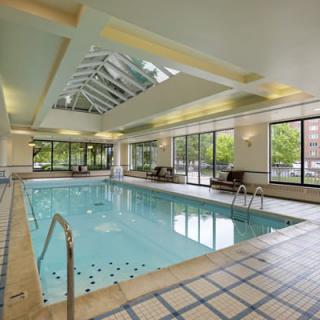 A tranquil indoor swimming pool with a glass ceiling allowing natural light to illuminate the space.