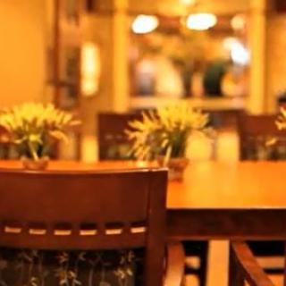 A cozy restaurant setting with a wooden table, chairs, and decorative plants.