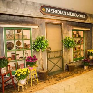 The charming storefront of Meridian Mercantile, adorned with colorful flowers and decorative plants.