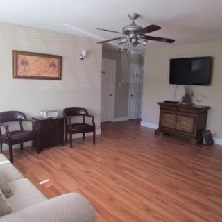 A spacious living room featuring hardwood floors, a ceiling fan, and minimalistic furniture.