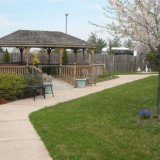 A peaceful garden setting with a gazebo and paved pathway surrounded by greenery and blossoming trees.
