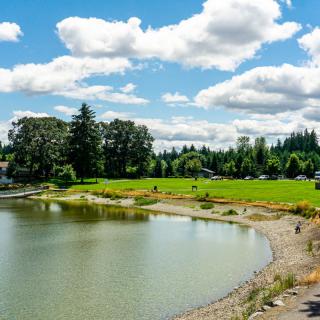 A peaceful lakeside landscape with lush greenery and fluffy clouds in the sky.