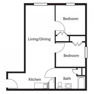 A simple floor plan of a two-bedroom apartment with a living/dining area, kitchen, and bathroom.