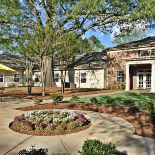 A scenic courtyard with a landscaped garden and large tree in front of a building.