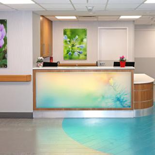 A welcoming hospital reception area featuring modern design and decorative artwork.