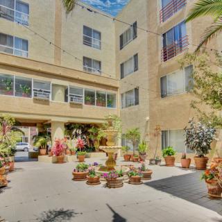 A sunny courtyard of an apartment building adorned with various potted plants.