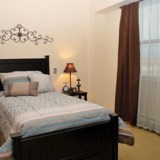 A cozy bedroom with a single bed, decorative wall art above the headboard, and a lamp on the nightstand by the window.