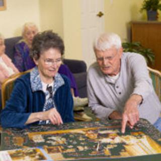 An elderly couple enjoys working on a puzzle together in a cozy indoor setting.
