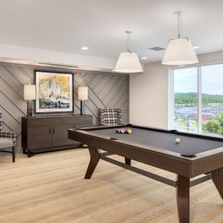 A stylish game room featuring a pool table, modern decor, and ample natural light.
