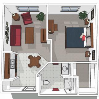 A compact apartment floor plan featuring a living room, bedroom, kitchen, and bathroom.