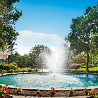 A beautiful garden scene featuring a central fountain surrounded by lush greenery and trees.