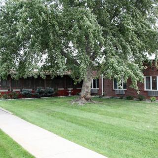 A well-maintained lawn and sidewalk in front of a brick building with a large tree.