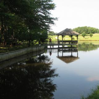 A serene gazebo reflecting on a calm lake surrounded by lush trees.