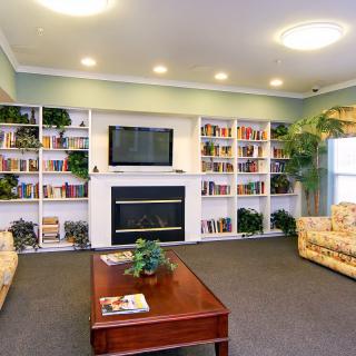 A cozy living room with bookshelves, a fireplace, and a television.