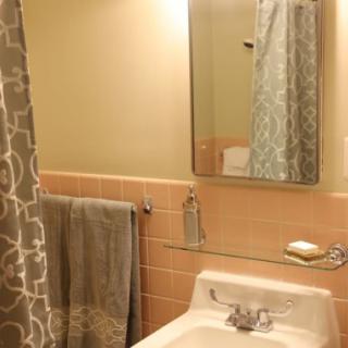 A simple bathroom with a sink, mirror, and shower curtain.