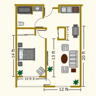 Floor plan of a one-bedroom apartment with furniture and dimensions labeled.