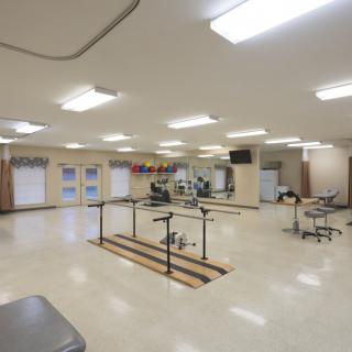 A spacious rehabilitation center equipped with parallel bars and exercise equipment.