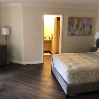 A modern bedroom with a neatly made bed, bedside lamp, and abstract painting.