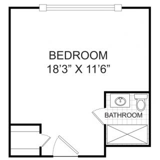 Floor plan of a bedroom with attached bathroom.