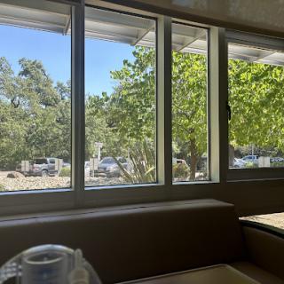 A bright view of trees and outdoor scenery through a set of windows.