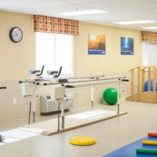 A well-equipped rehabilitation room with parallel bars, exercise balls, and colorful mats.