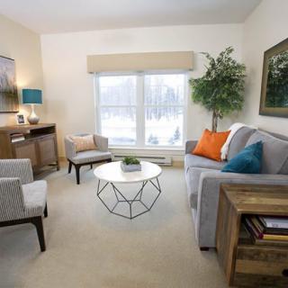 A cozy living room with modern furniture and bright natural lighting.