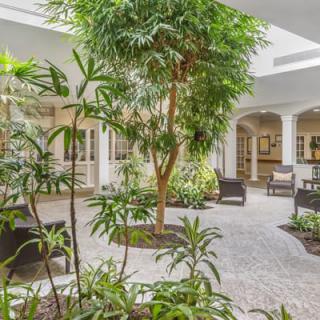 A serene indoor courtyard filled with lush greenery and comfortable seating.