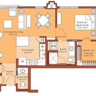 A detailed floor plan of a one-bedroom apartment including living room, kitchen, bathroom, and walk-in closet.
