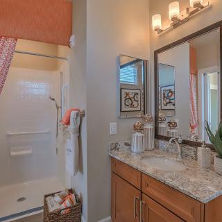 A well-lit bathroom with a modern vanity and shower area, decorated with towels and plants.